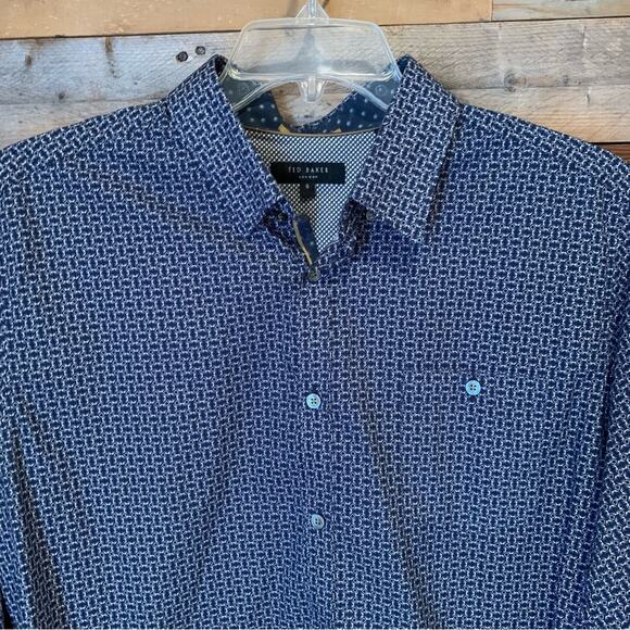 Ted Baker Dot Print Button Down Dress Shirt Navy Sz 6 (2XL) Office Preppy Dressy - Picture 6 of 16
